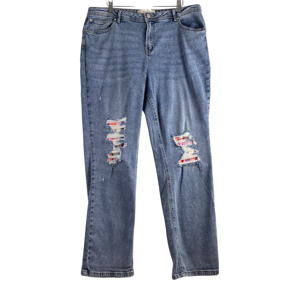 Cato High Rise Straight Jeans Womens 14 Acid Light Wash Distressed Plaid Stretch
